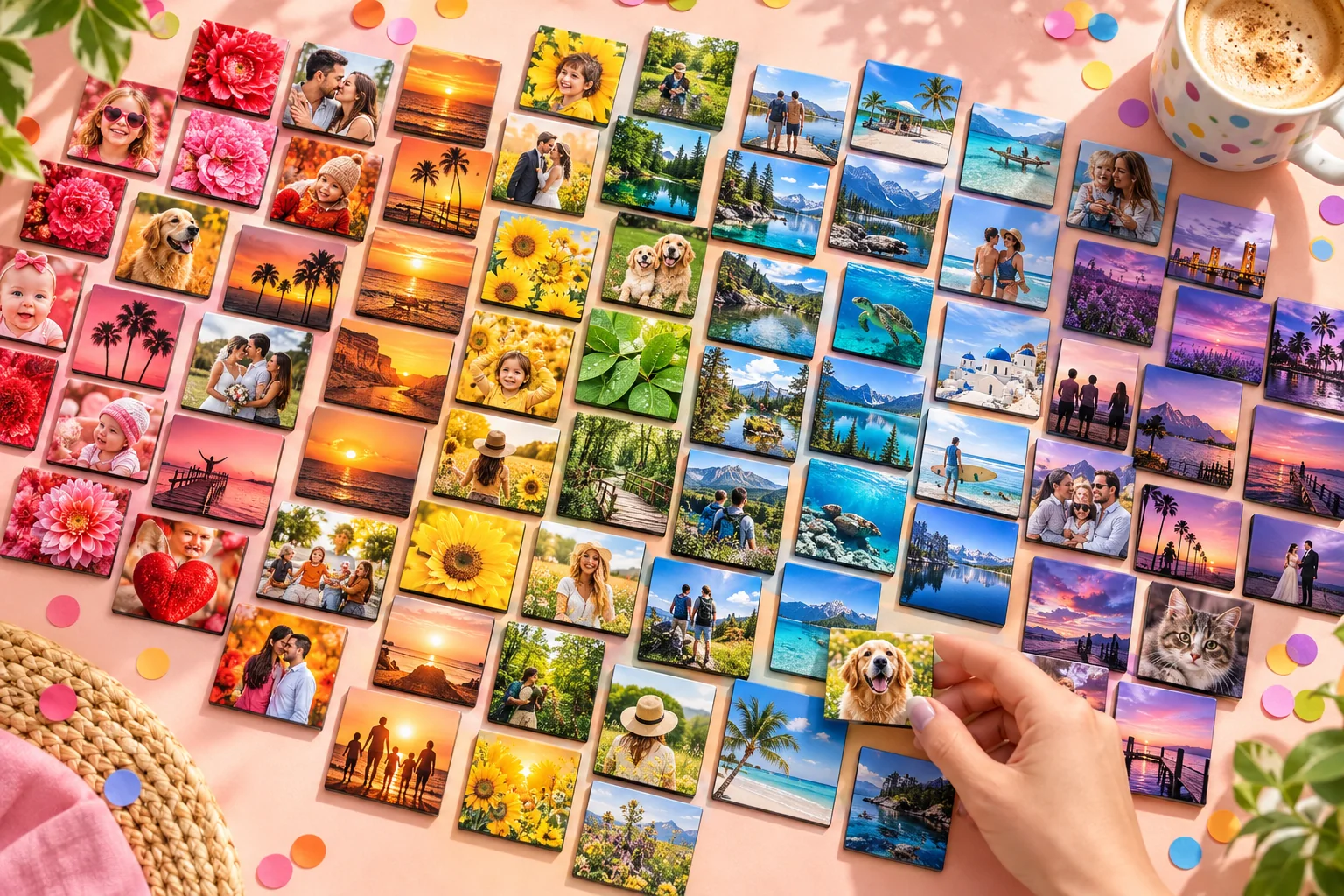 A colorful rainbow of 2×2 inch photo magnets with family, pet, travel and wedding photos