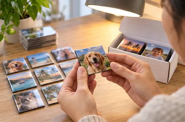 Checking a finished photo magnet under a lamp before packing