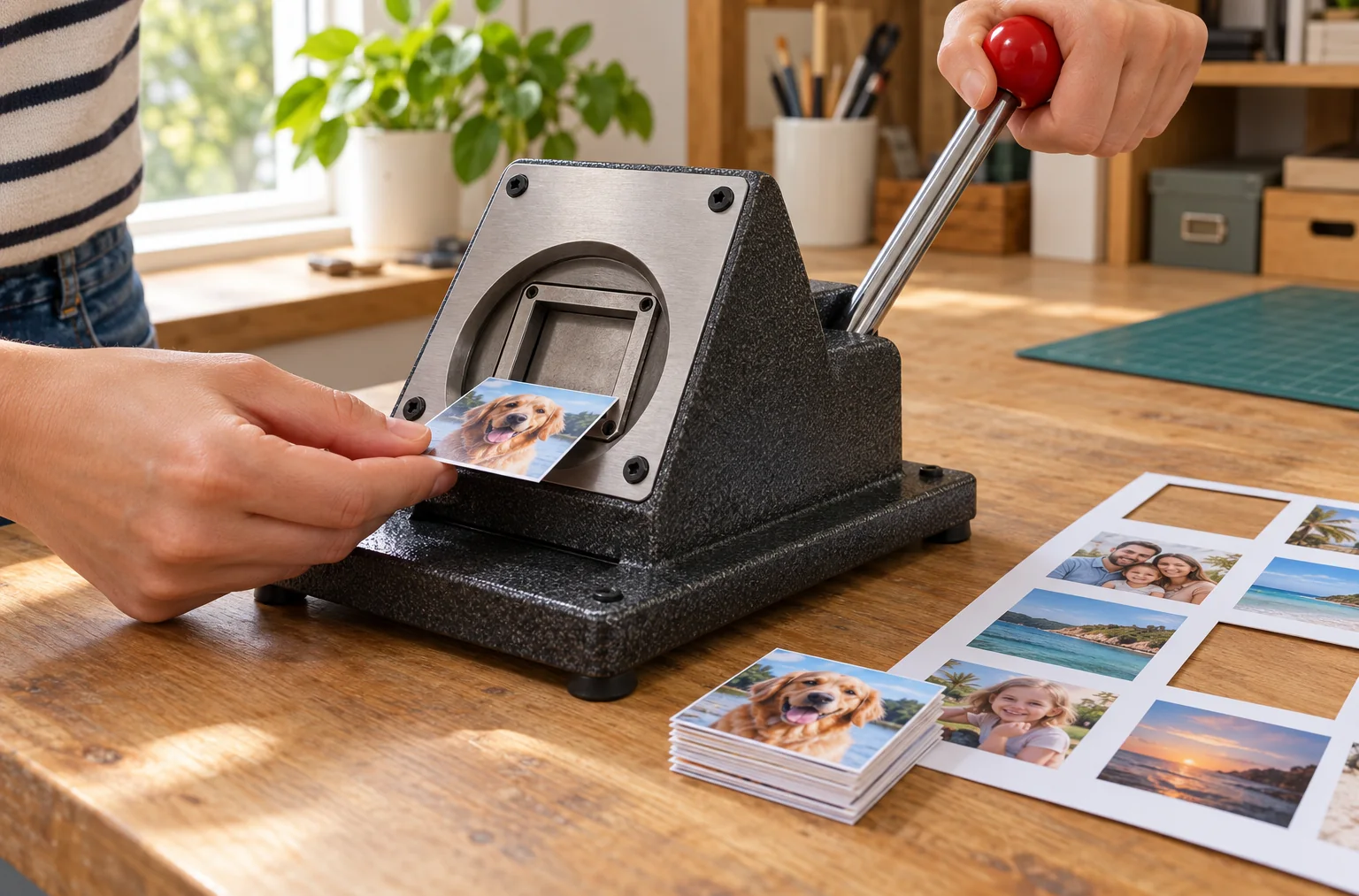 Hands feeding a photo into a gray die cutter with a red ball lever