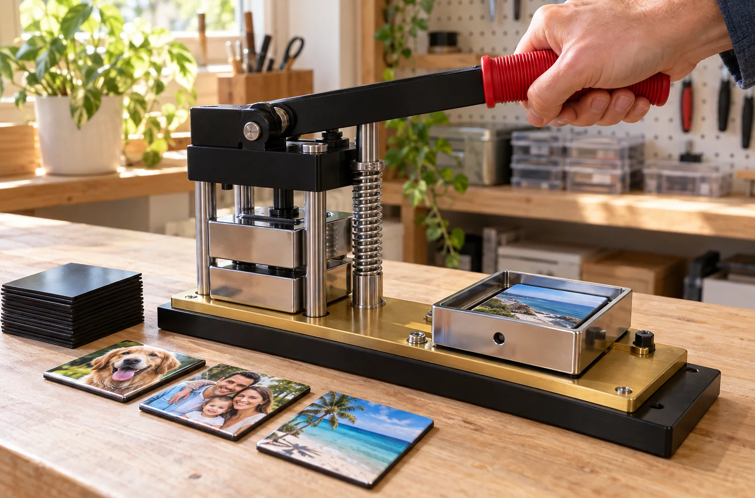 Hand pulling the red grip of a square magnet press with a gold base plate