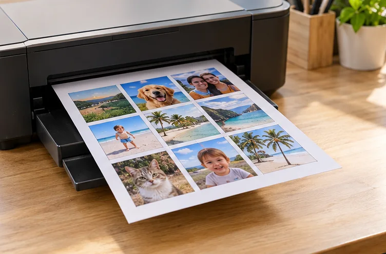 A photo printer printing a sheet of small square photos