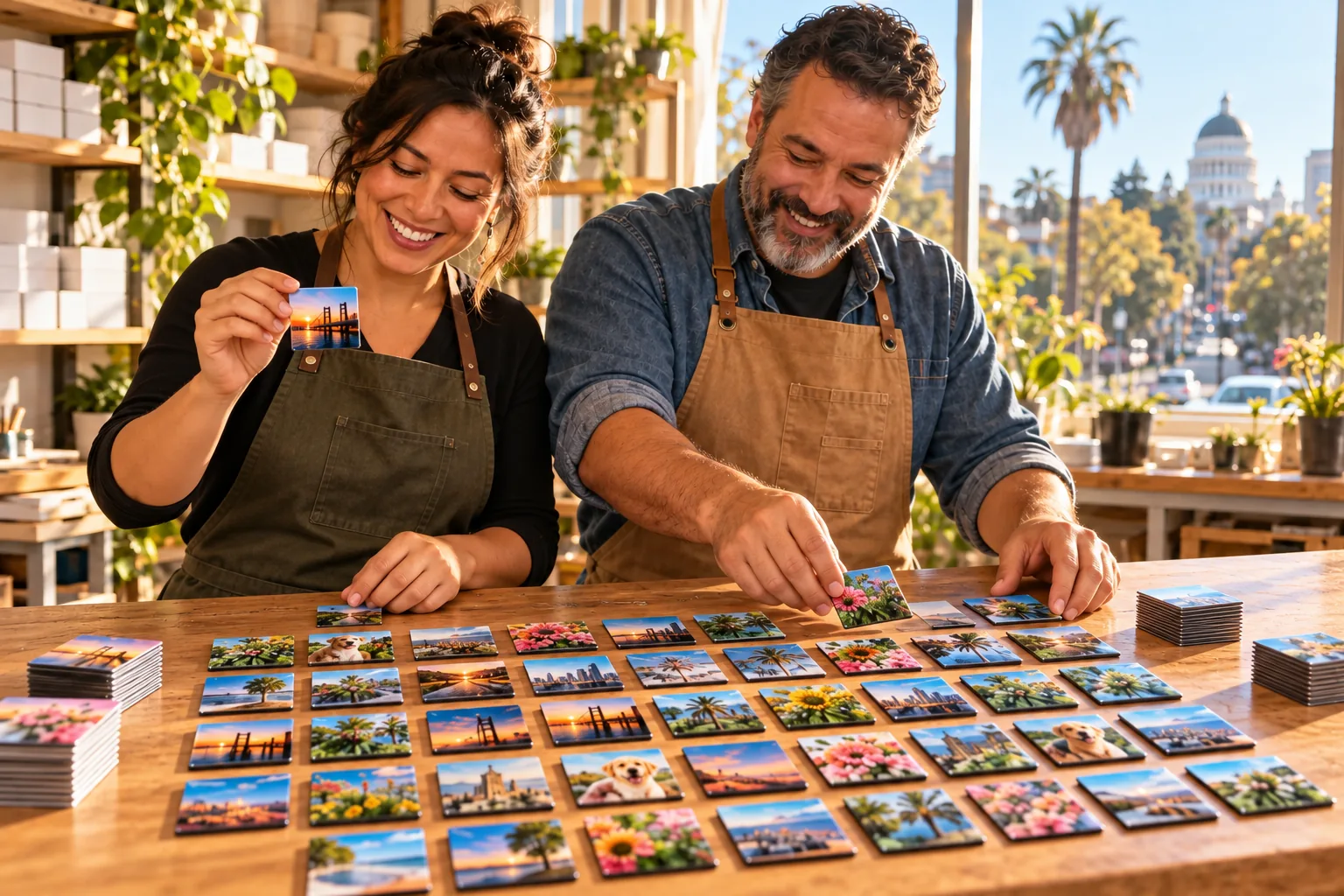 Two makers smiling as they hold up and arrange rows of 2×2 inch photo magnets on a wooden table in a sunny Sacramento workshop