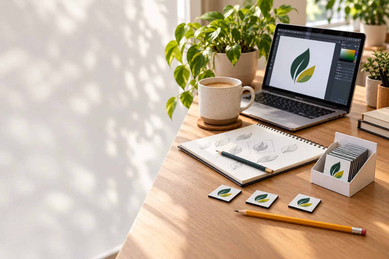 Designer’s desk with a leaf logo on a laptop, logo sketches and a small box of 2×2 inch logo magnets