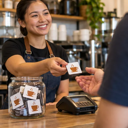 Barista handing a customer a small café logo magnet at the counter