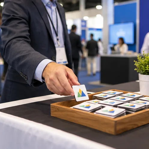 Trade show visitor picking up a logo magnet from a tray on a booth table