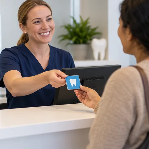 Dental receptionist handing a patient an appointment reminder magnet