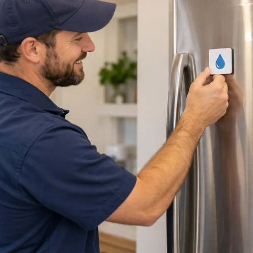Plumbing technician placing a small business magnet on a customer’s fridge