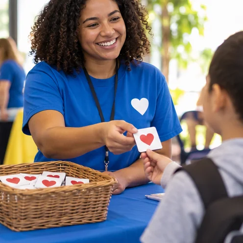 Volunteer handing a student a heart logo magnet at a school event table