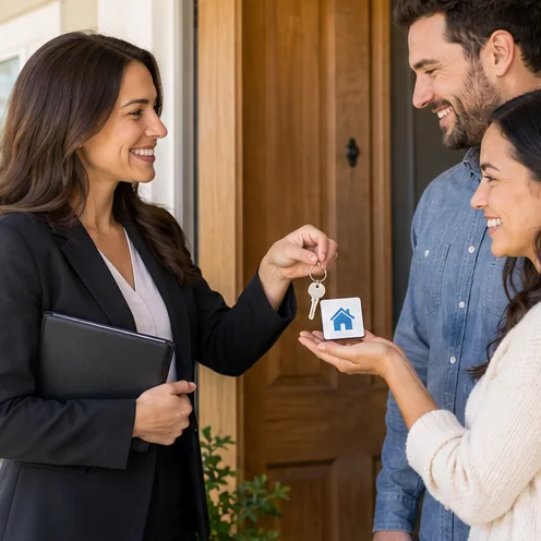 Real estate agent handing new homeowners a key and a small logo magnet