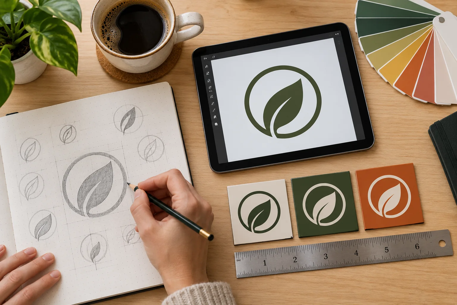 Designer sketching leaf logo concepts next to a tablet and three 2×2 inch logo magnet samples beside a ruler