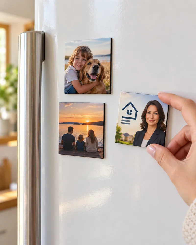 Hand placing a 2×2 inch real estate agent magnet on a fridge door next to two family photo magnets