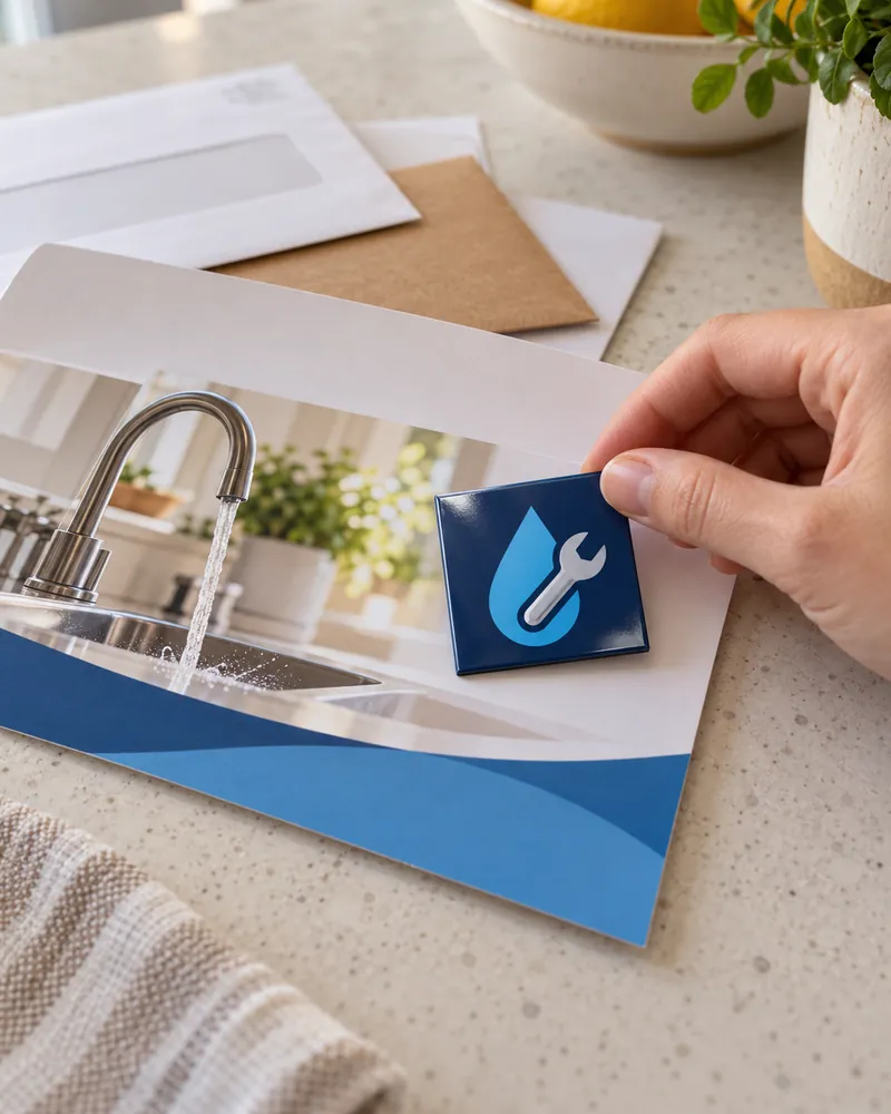 Hand lifting a 2×2 inch plumbing logo magnet off a mailer postcard on a kitchen counter