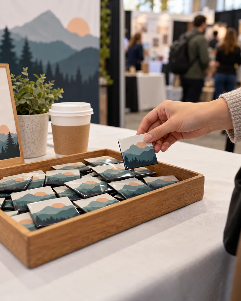 Visitor picking a 2×2 inch mountain logo magnet from a wooden tray on a trade show booth table
