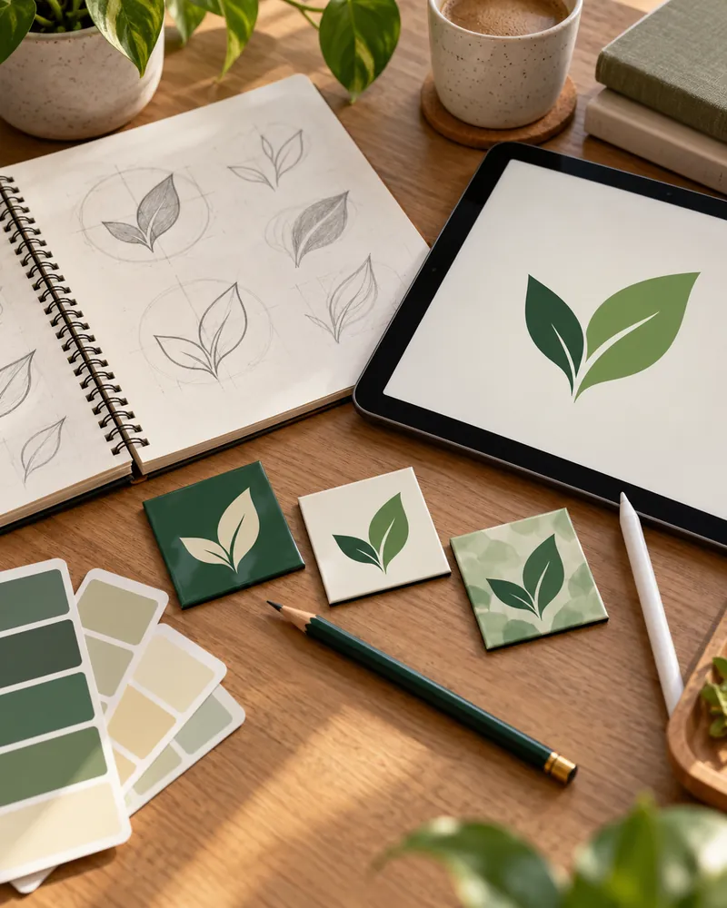 Designer desk with leaf logo sketches, a tablet showing the final logo and three 2×2 inch logo magnet samples