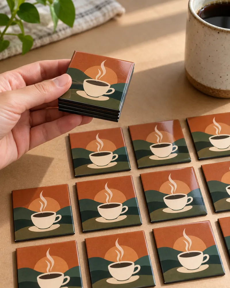 Hand holding a stack of glossy 2×2 inch coffee shop logo magnets above rows of matching magnets