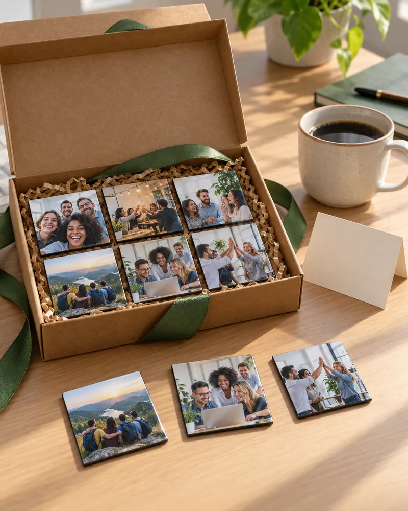 Kraft gift box of 2×2 inch team photo magnets next to a coffee mug and a blank thank-you card