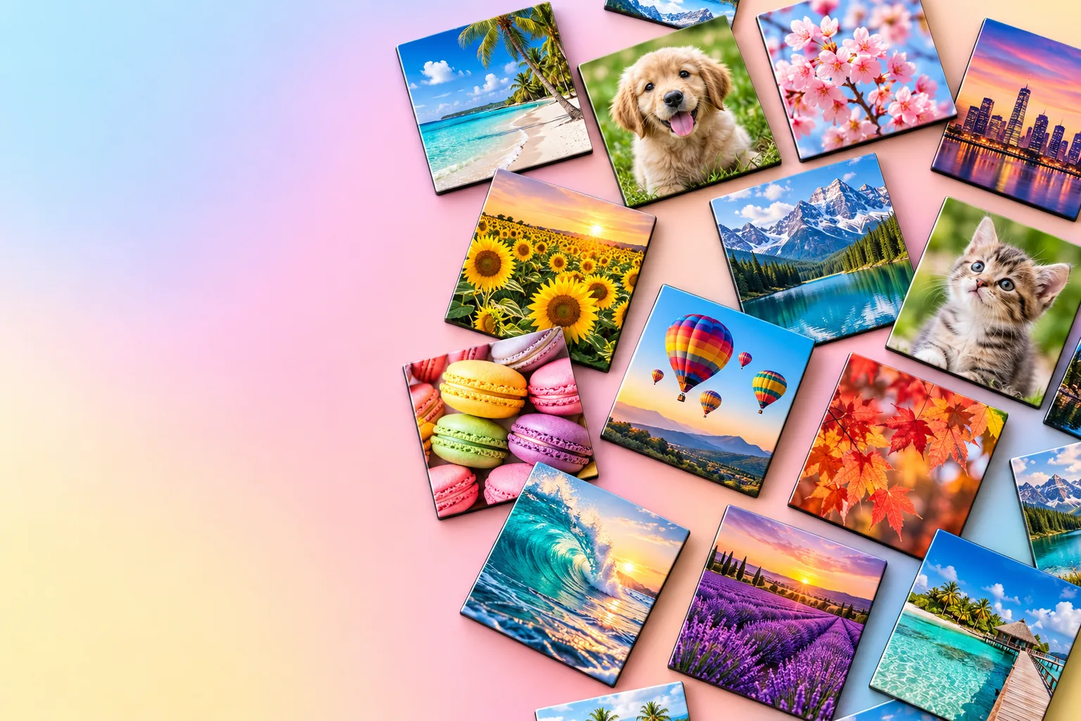 Colorful 2×2 inch photo magnets with beach, flower, puppy and city photos fanned out on a pastel background