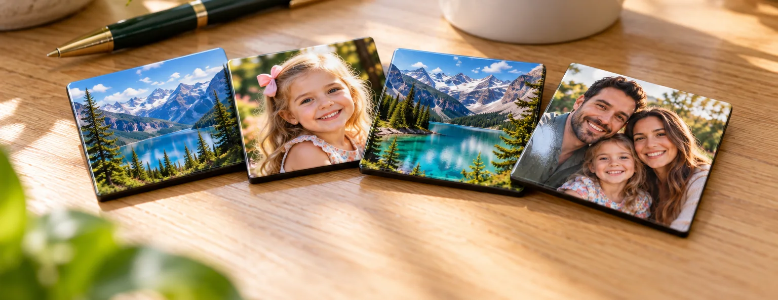 Four 2×2 inch photo magnets next to a coffee mug: two mountain lakes, a smiling girl and a family
