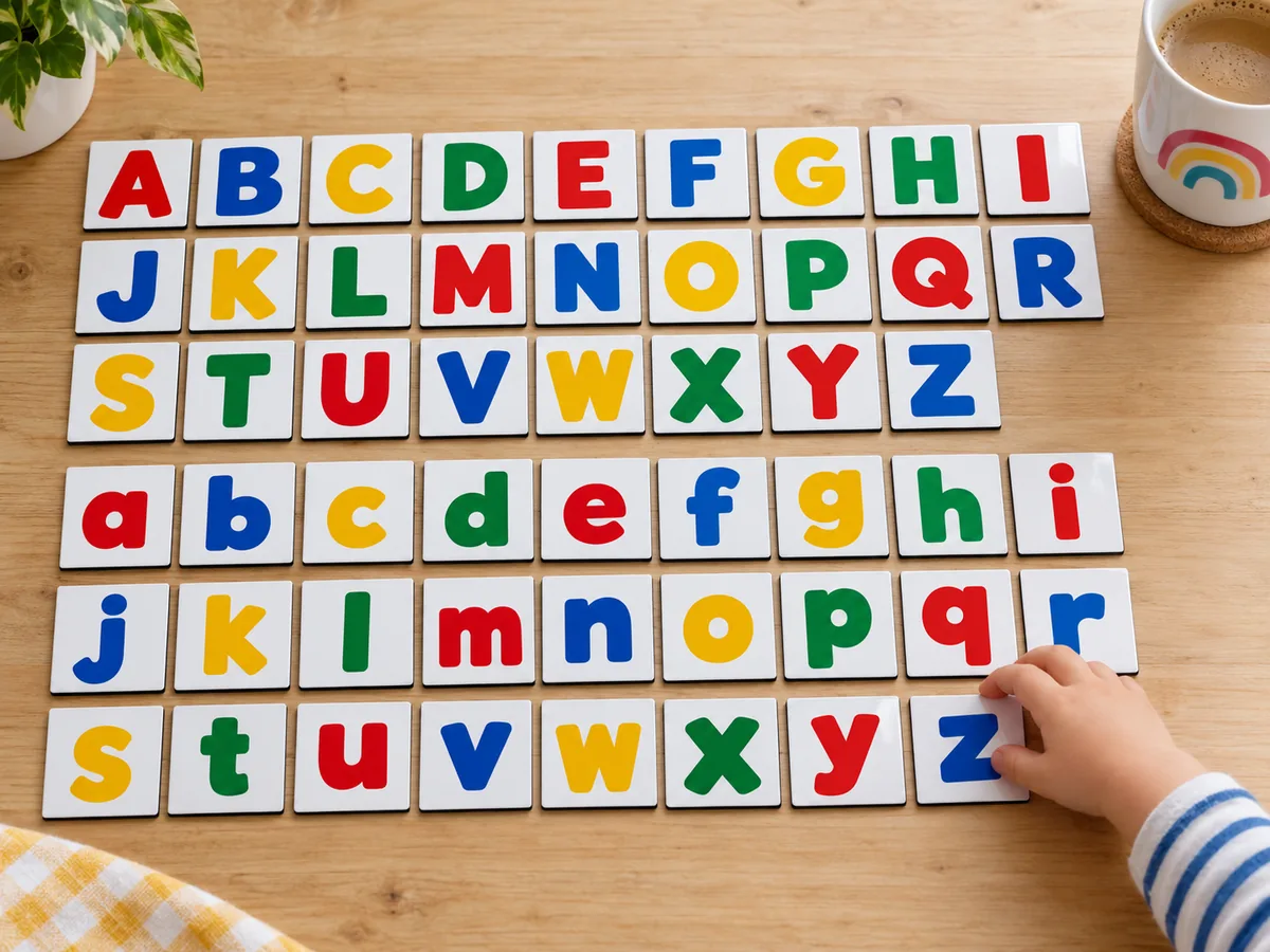 Kids alphabet set of 52 letter magnets, uppercase and lowercase, laid out in rows