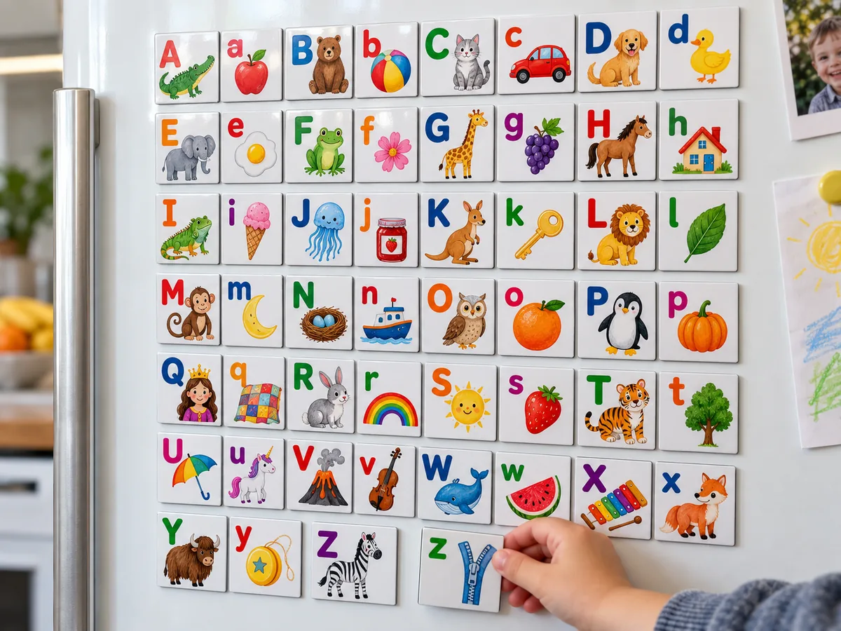 Picture alphabet magnets with letters and matching animal and object illustrations