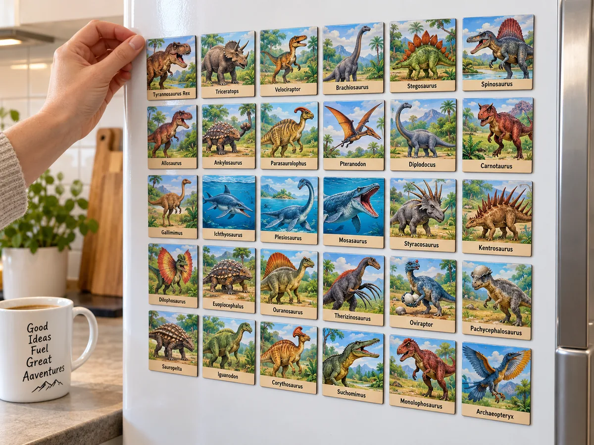 Dinosaurs set of 30 magnets with dinosaur illustrations and names