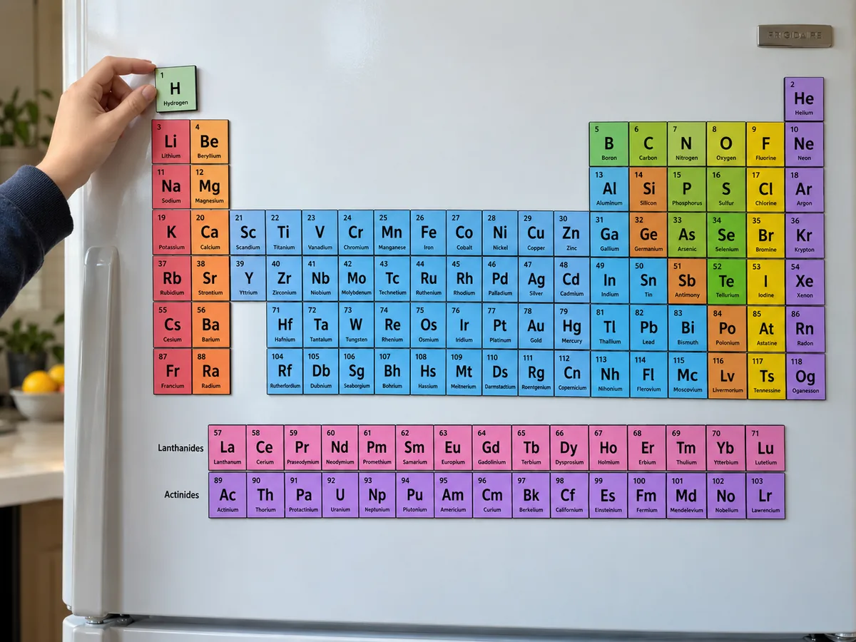 Periodic table made of 118 element magnets, color-coded by group