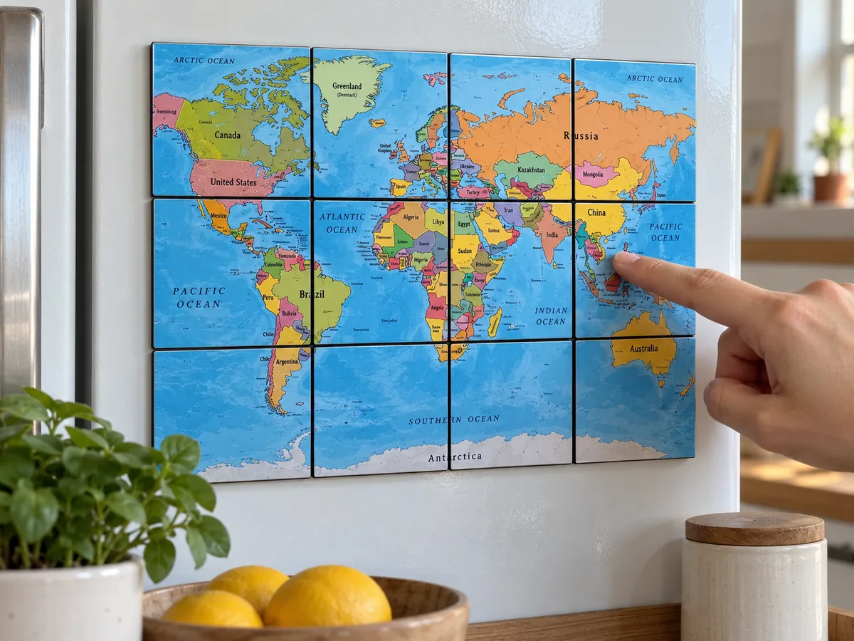 Large world political map made of 12 magnets in a 3 by 4 grid