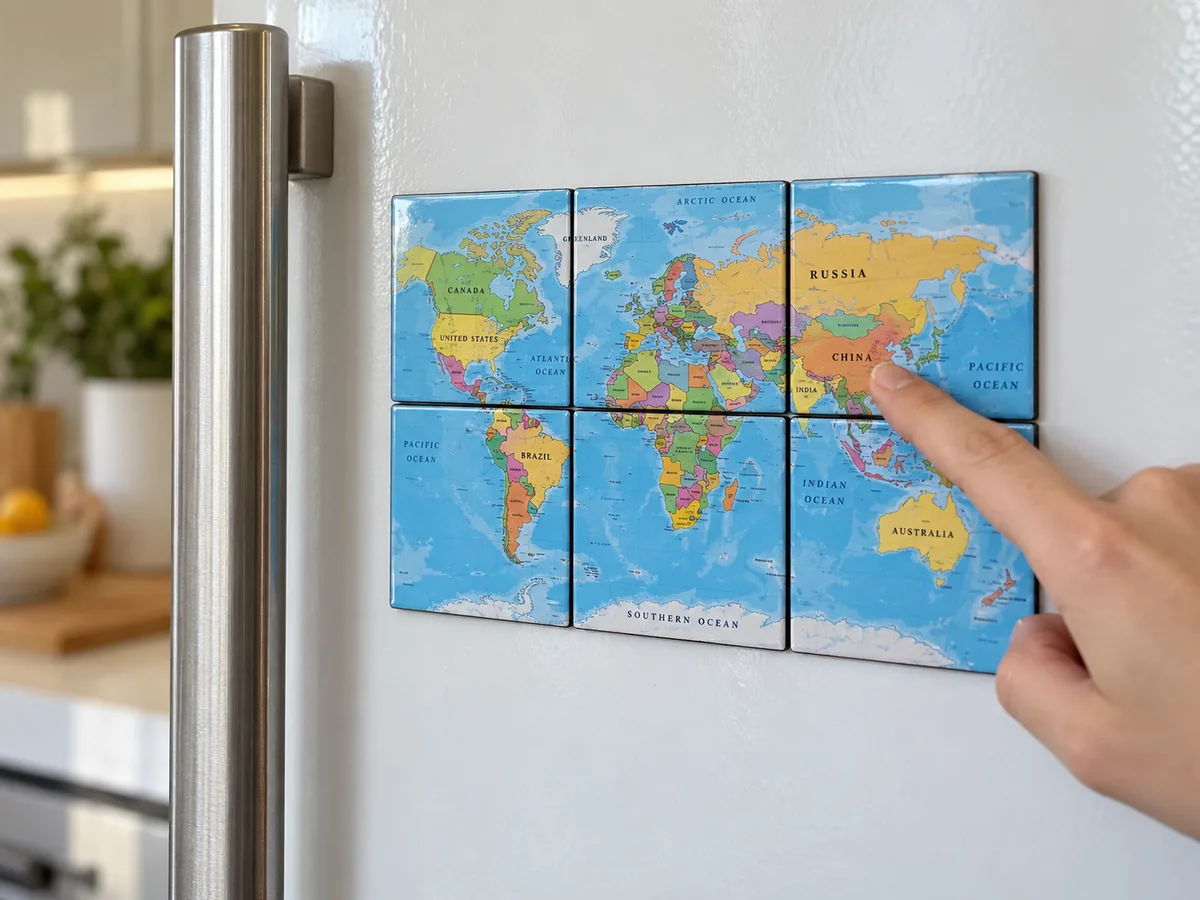 World political map made of 6 magnets in a 2 by 3 grid on a fridge