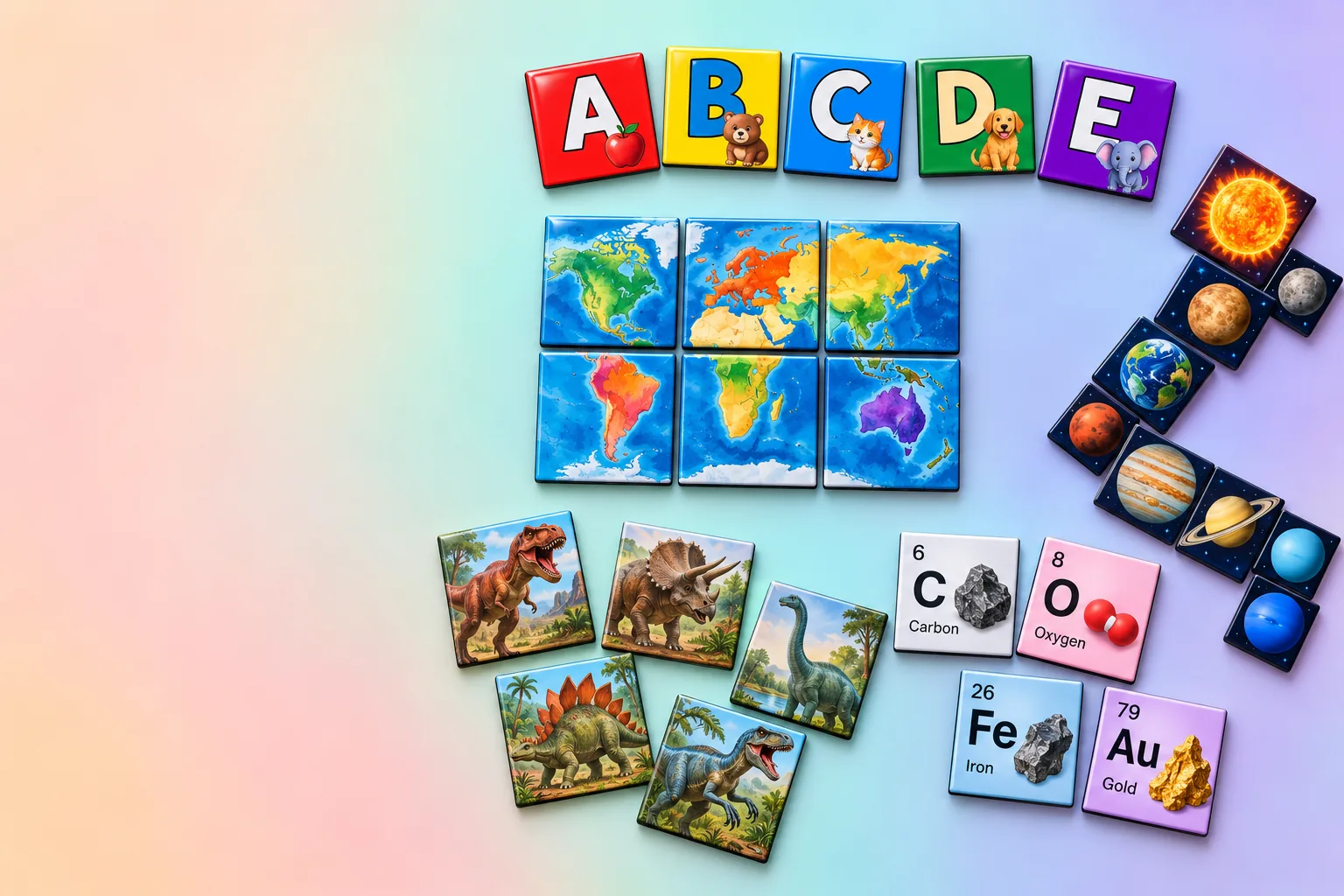 Magnet sets on a pastel background: alphabet letters, a world map, solar system planets, dinosaurs and periodic table elements