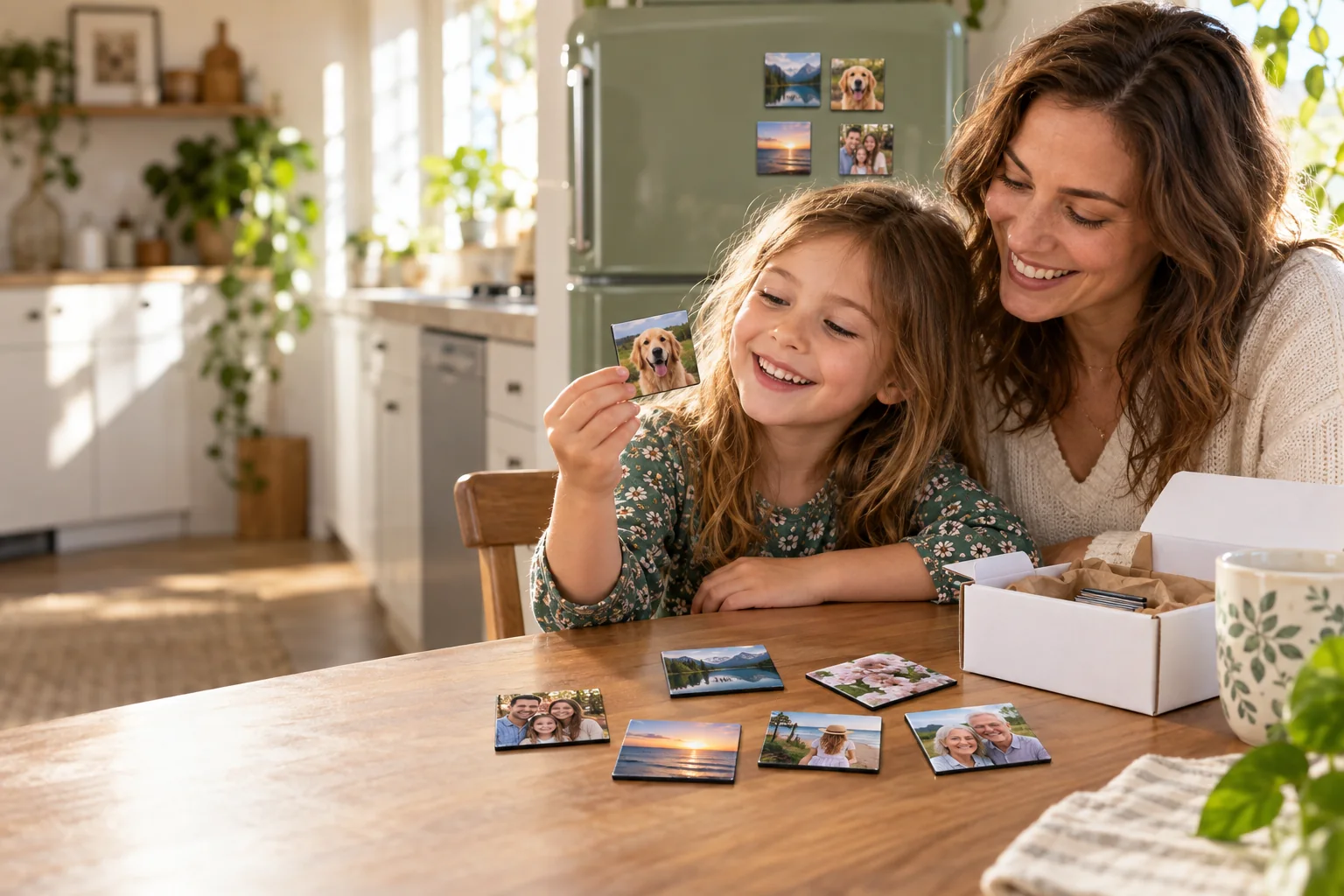A mother and daughter unboxing their new 2×2 inch photo magnets at the kitchen table