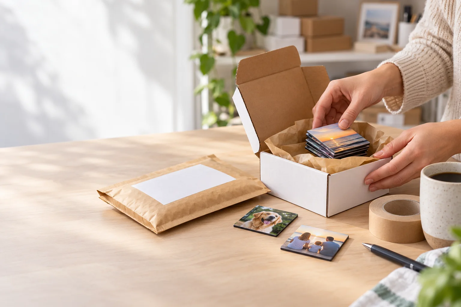 Hands packing 2×2 inch photo magnets into a small shipping box next to a padded mailer